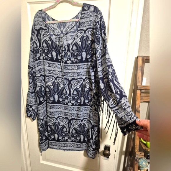 Paisley Print Long Sleeve Rayon Dress With Fringe 2XL - 27ptp - Picture 1 of 7